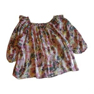 Zac & Rachel Blouse Women's 3X Pink Floral Peasant Square Neck Puff Sleeve Rayon